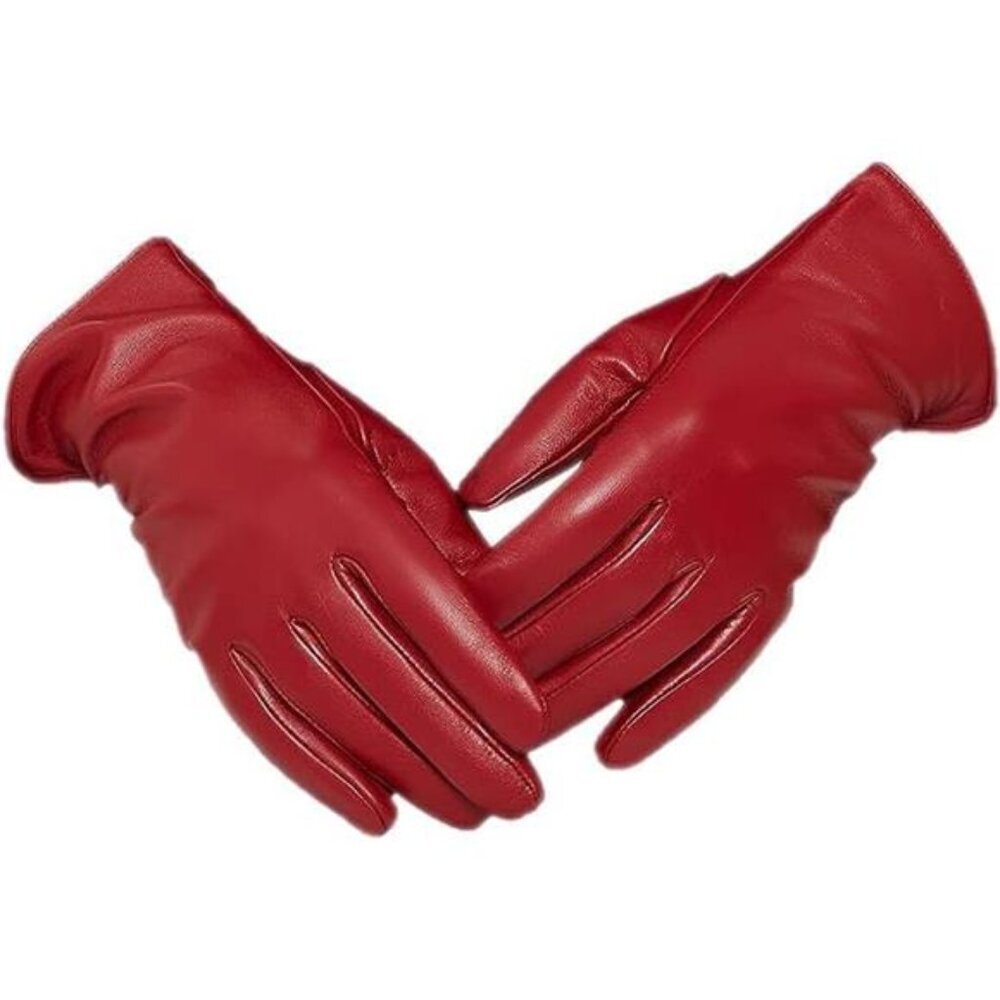 NWT Luxury Lambskin Leather Touchscreen Cashmere Lined Gloves Red Women